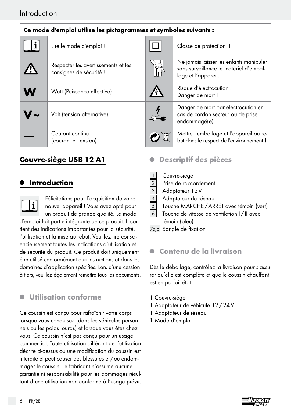 Instructions de sécurité importantes introduction, Couvre-siège usb 12 a1 introduction, Utilisation conforme | Descriptif des pièces, Contenu de la livraison | Ultimate Speed USB 12 A1 User Manual | Page 6 / 31