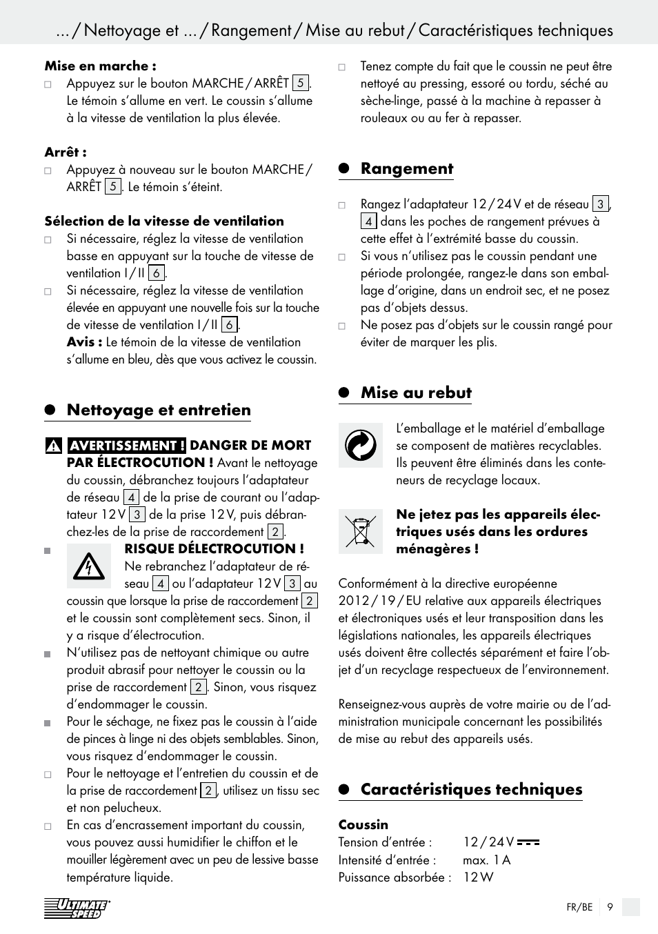 Nettoyage et entretien, Rangement, Mise au rebut | Caractéristiques techniques | Ultimate Speed USB 12 A1 User Manual | Page 9 / 31