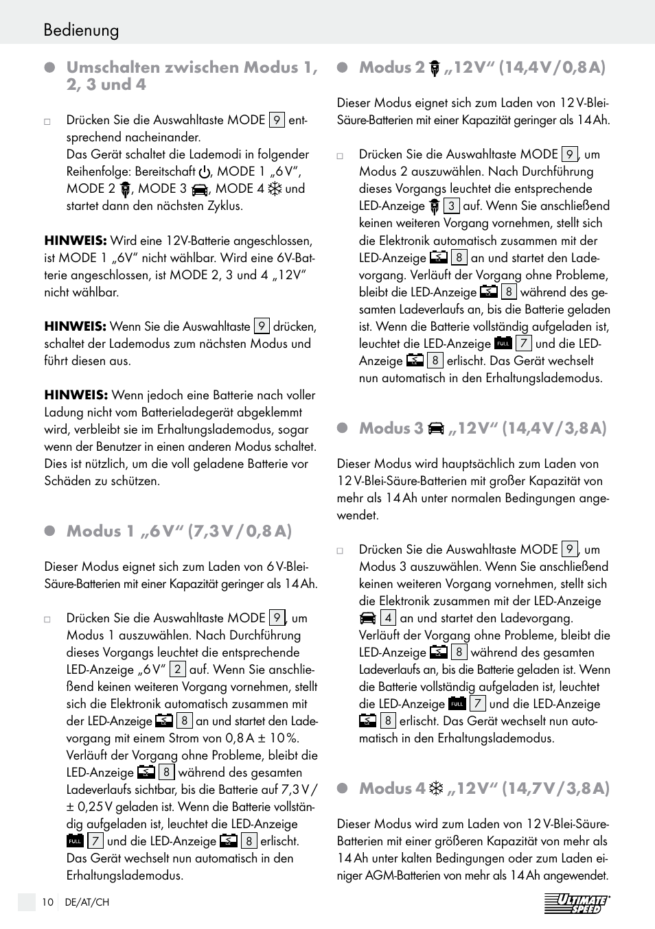 Bedienung / wartung und pflege / service bedienung, Umschalten zwischen modus 1, 2, 3 und 4, Modus 1 „6 v | 7,3 v / 0,8 a), Modus 2, Modus 3 | Ultimate Speed ULG 3.8 A1 User Manual | Page 10 / 49