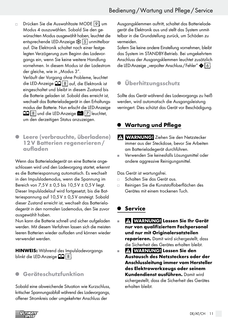 Bedienung / wartung und pflege / service bedienung, Geräteschutzfunktion, Überhitzungsschutz | Wartung und pflege, Service | Ultimate Speed ULG 3.8 A1 User Manual | Page 11 / 49