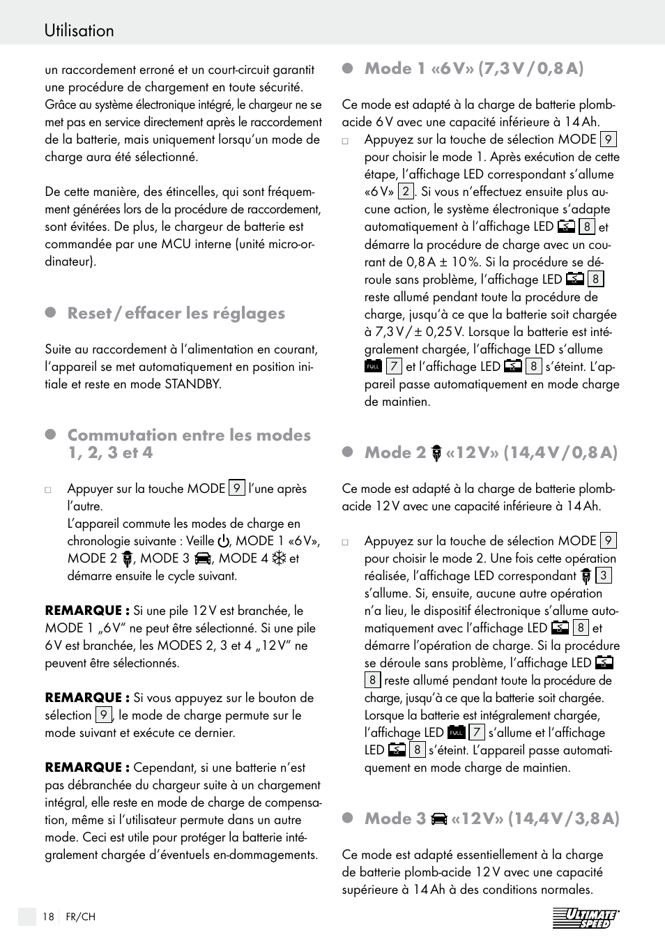 Utilisation / maintenance et entretien utilisation, Reset / effacer les réglages, Commutation entre les modes 1, 2, 3 et 4 | Mode 1 «6 v, 7,3 v / 0,8 a), Mode 2, Mode 3 | Ultimate Speed ULG 3.8 A1 User Manual | Page 18 / 49