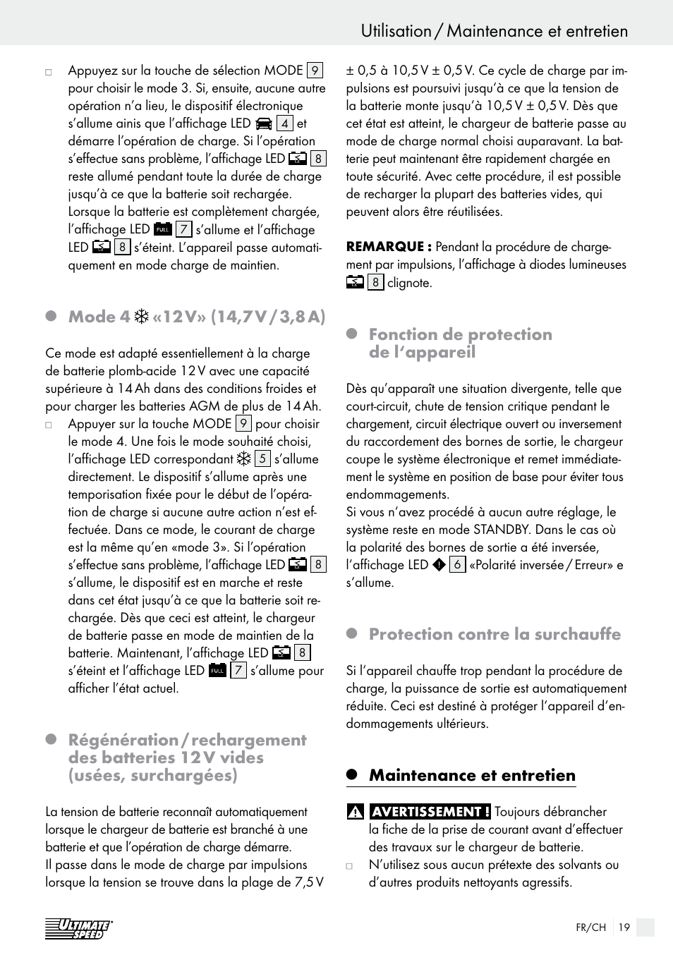 Utilisation / maintenance et entretien utilisation, Fonction de protection de l‘appareil, Protection contre la surchauffe | Maintenance et entretien | Ultimate Speed ULG 3.8 A1 User Manual | Page 19 / 49