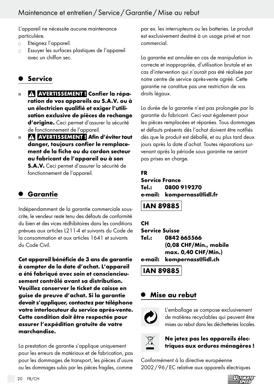 Service, Garantie, Mise au rebut | Ultimate Speed ULG 3.8 A1 User Manual | Page 20 / 49