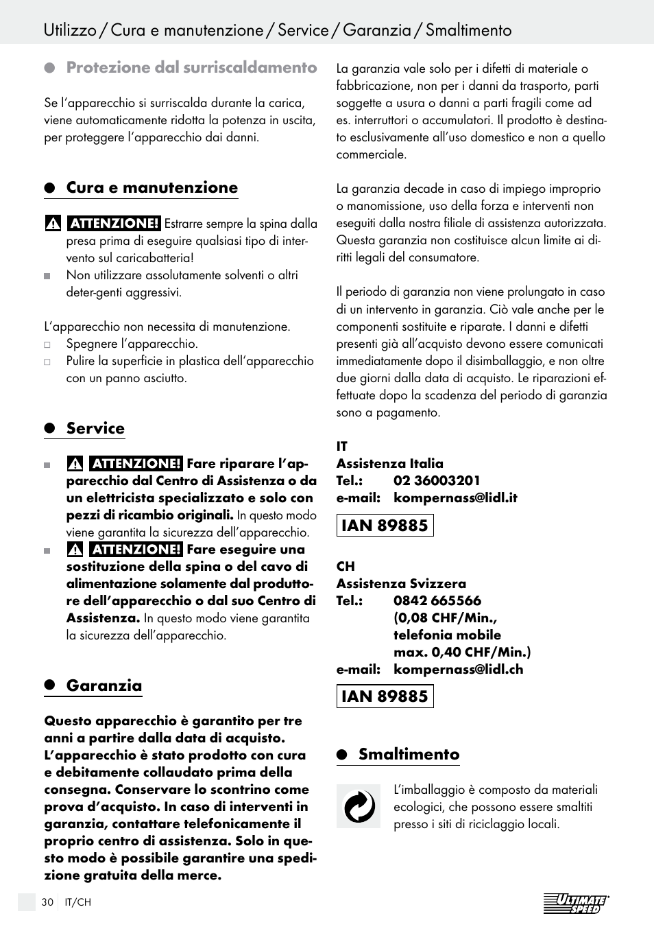 Protezione dal surriscaldamento, Cura e manutenzione, Service | Garanzia, Smaltimento | Ultimate Speed ULG 3.8 A1 User Manual | Page 30 / 49