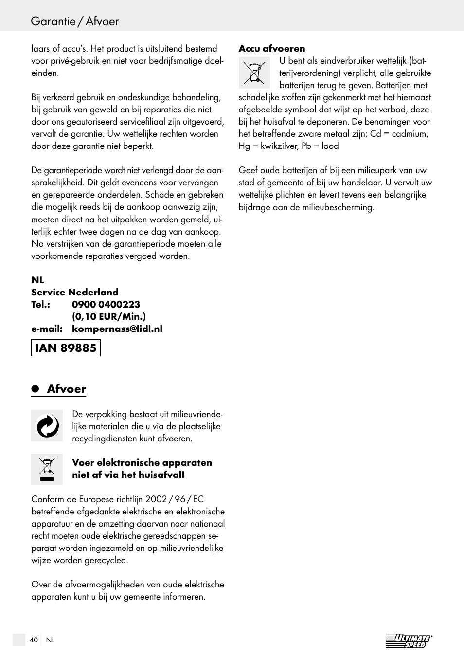 Garantie / afvoer table of contents, Afvoer | Ultimate Speed ULG 3.8 A1 User Manual | Page 40 / 49