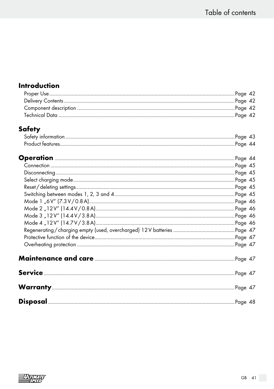 Garantie / afvoer table of contents | Ultimate Speed ULG 3.8 A1 User Manual | Page 41 / 49