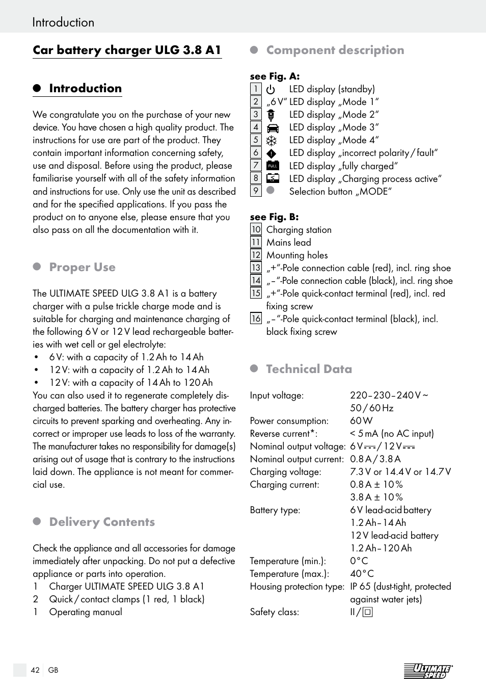 Introduction, Introduction / safety, Car battery charger ulg 3.8 a1 | Proper use, Delivery contents, Component description, Technical data | Ultimate Speed ULG 3.8 A1 User Manual | Page 42 / 49