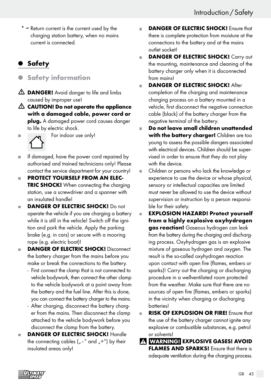 Introduction introduction / safety, Safety, Safety information | Ultimate Speed ULG 3.8 A1 User Manual | Page 43 / 49