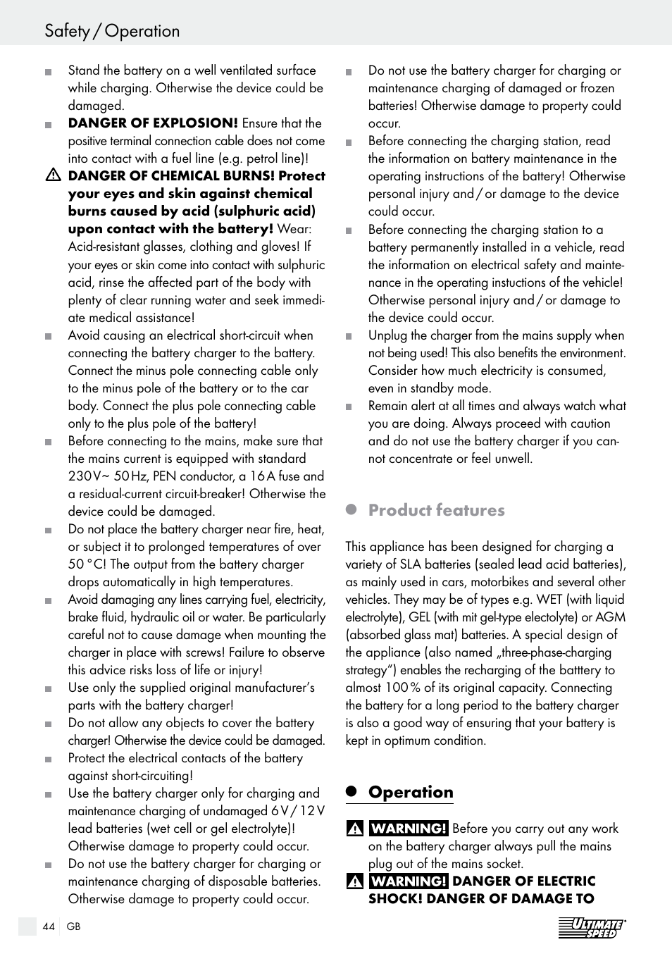 Safety / operation, Product features, Operation | Ultimate Speed ULG 3.8 A1 User Manual | Page 44 / 49