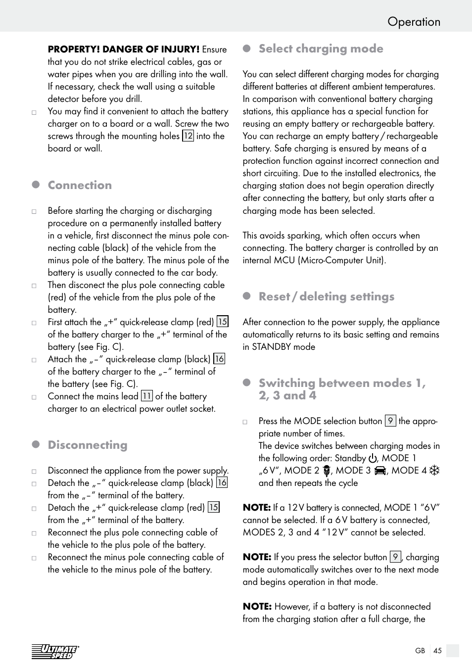 Safety / operation operation, Connection, Disconnecting | Select charging mode, Reset / deleting settings, Switching between modes 1, 2, 3 and 4 | Ultimate Speed ULG 3.8 A1 User Manual | Page 45 / 49