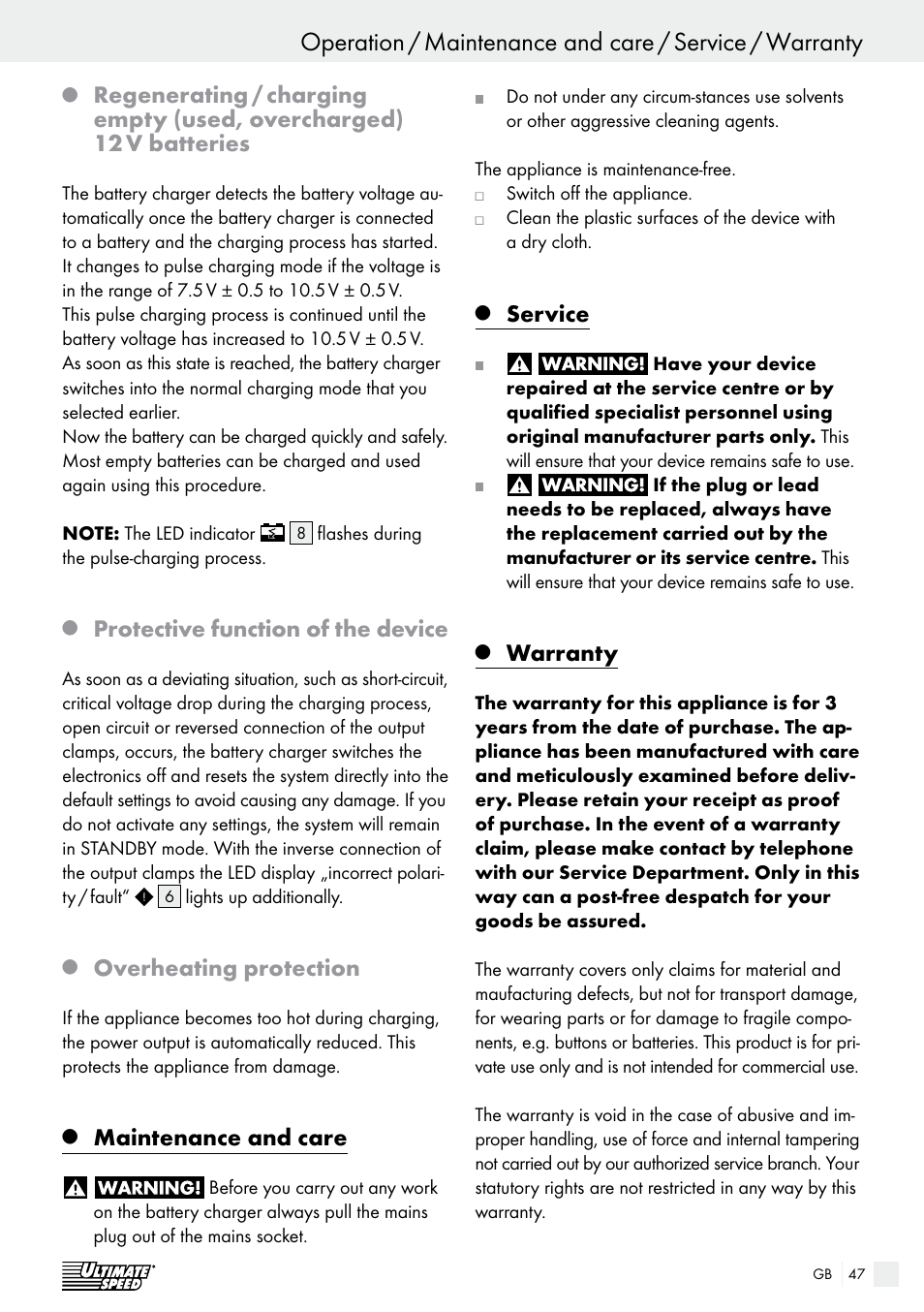 Protective function of the device, Overheating protection, Maintenance and care | Service, Warranty | Ultimate Speed ULG 3.8 A1 User Manual | Page 47 / 49