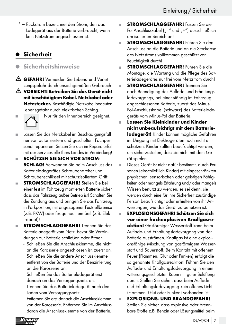 Einleitung einleitung / sicherheit, Sicherheit, Sicherheitshinweise | Ultimate Speed ULG 3.8 A1 User Manual | Page 7 / 49