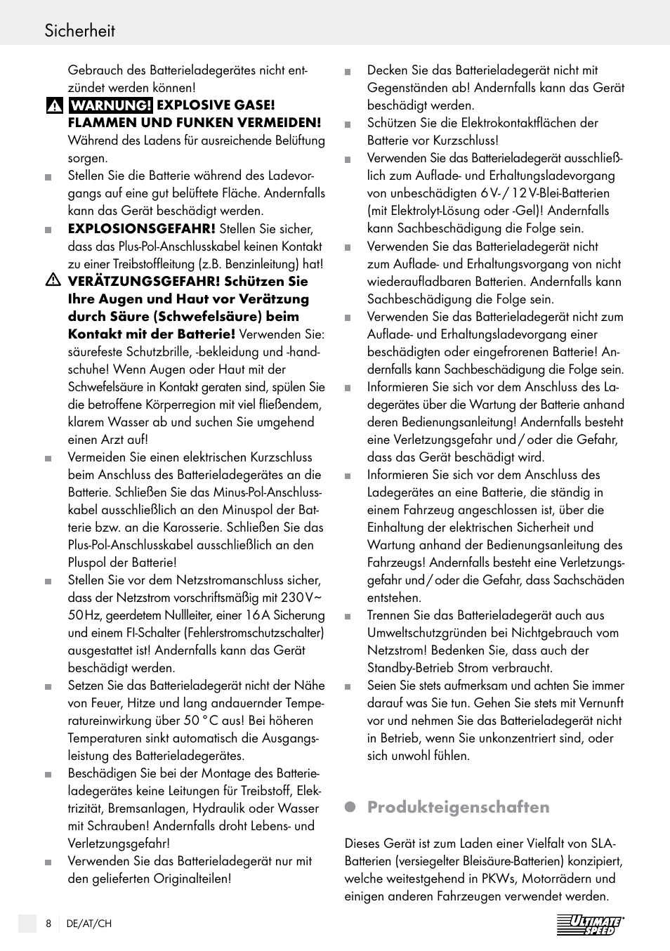 Sicherheit / bedienung sicherheit, Produkteigenschaften | Ultimate Speed ULG 3.8 A1 User Manual | Page 8 / 49