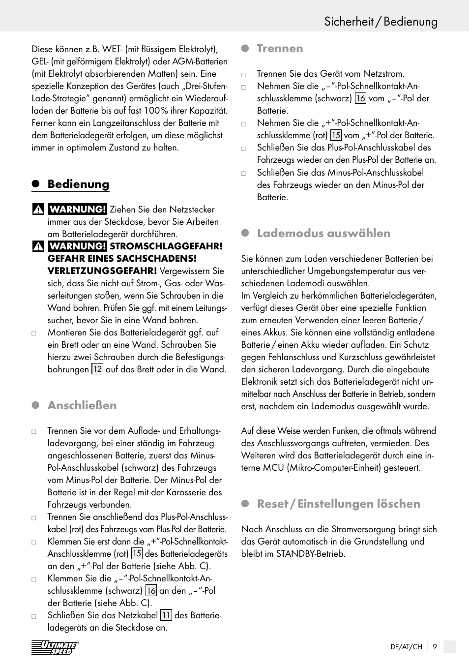 Sicherheit / bedienung sicherheit, Bedienung, Anschließen | Trennen, Lademodus auswählen, Reset / einstellungen löschen | Ultimate Speed ULG 3.8 A1 User Manual | Page 9 / 49