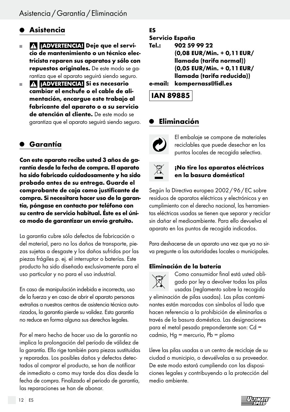 Asistencia / garantía / eliminación, Indice, Asistencia | Garantía, Eliminación | Ultimate Speed ULG 3.8 A1 User Manual | Page 12 / 47