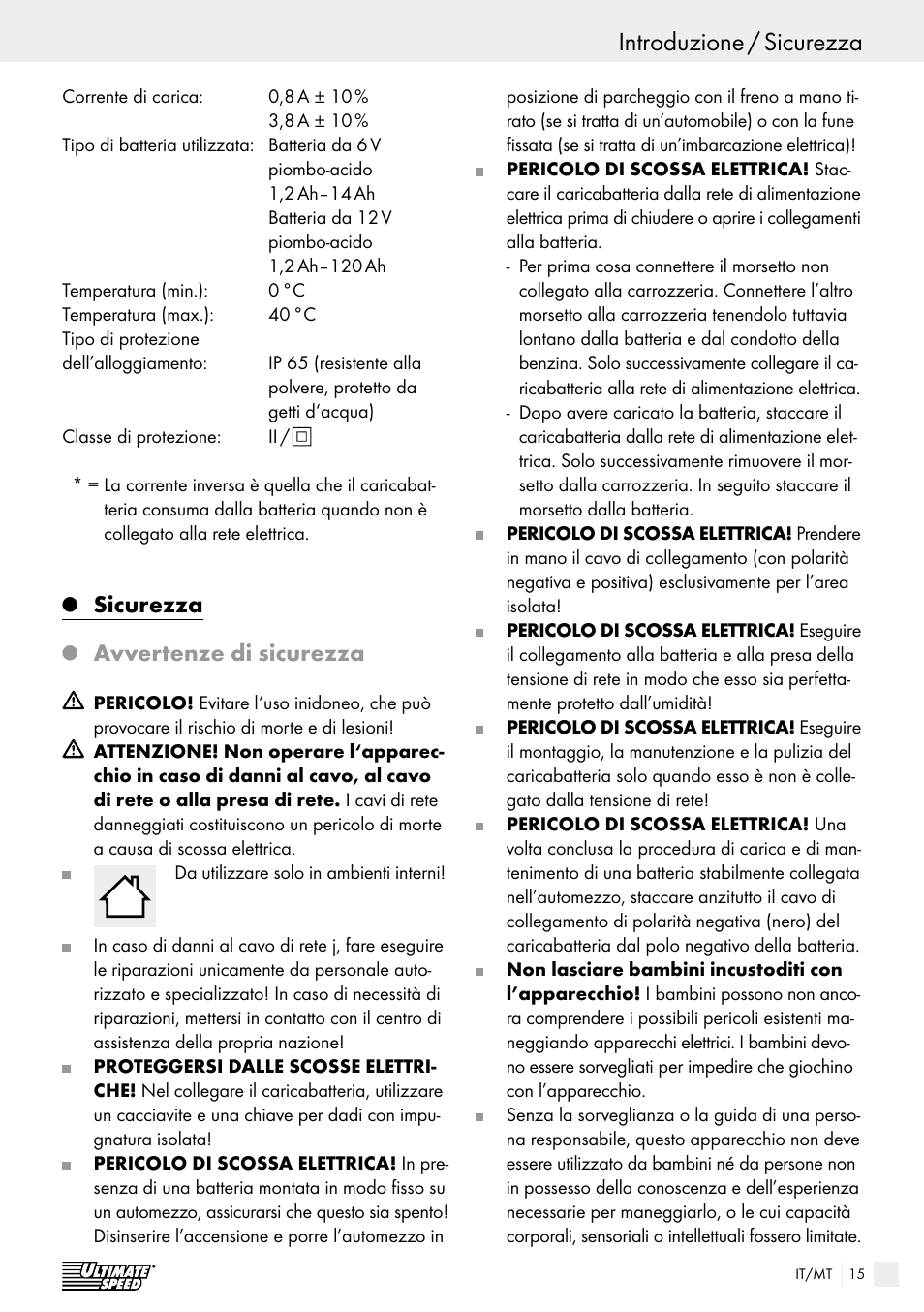 Introduzione / sicurezza introduzione, Sicurezza, Avvertenze di sicurezza | Ultimate Speed ULG 3.8 A1 User Manual | Page 15 / 47