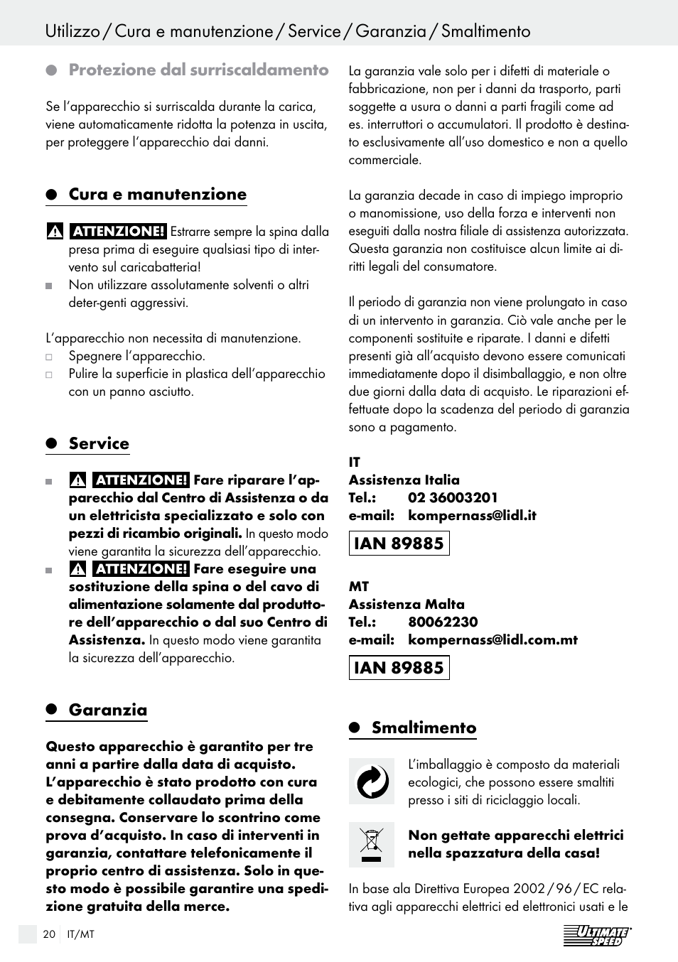 Protezione dal surriscaldamento, Cura e manutenzione, Service | Garanzia, Smaltimento | Ultimate Speed ULG 3.8 A1 User Manual | Page 20 / 47