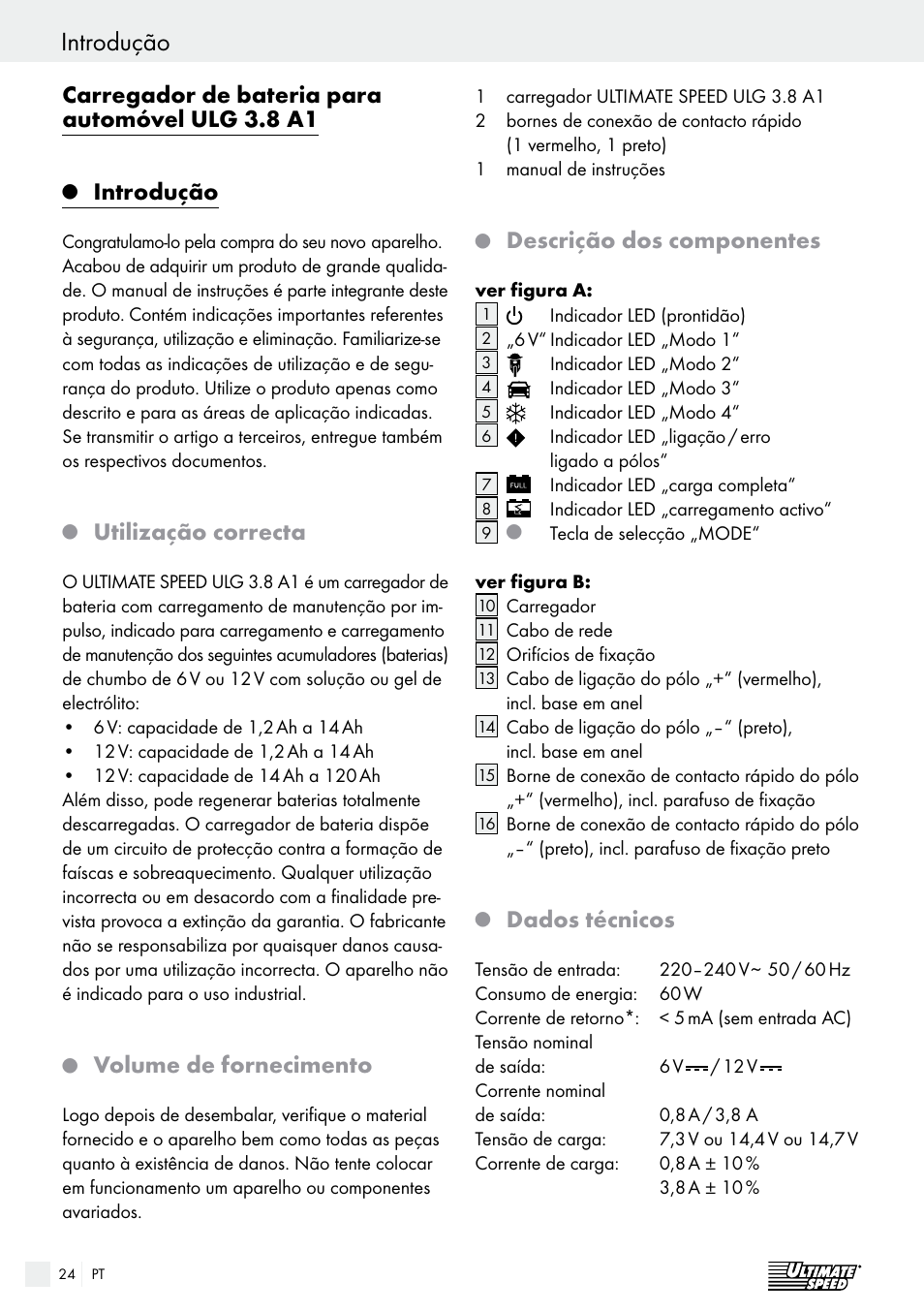 Introdução, Introdução / segurança, Carregador de bateria para automóvel ulg 3.8 a1 | Utilização correcta, Volume de fornecimento, Descrição dos componentes, Dados técnicos | Ultimate Speed ULG 3.8 A1 User Manual | Page 24 / 47
