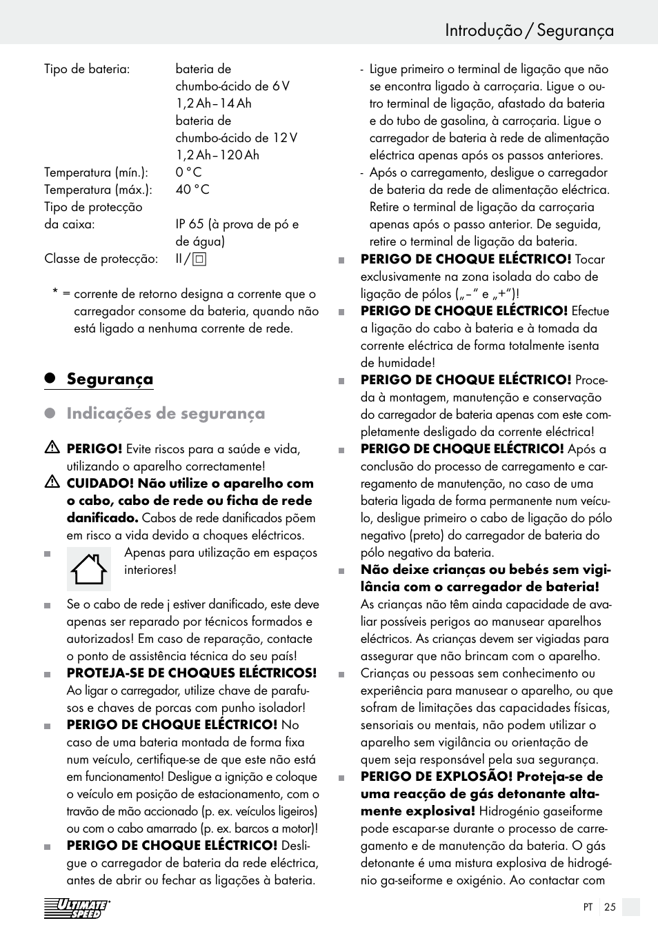 Introdução introdução / segurança, Segurança, Indicações de segurança | Ultimate Speed ULG 3.8 A1 User Manual | Page 25 / 47