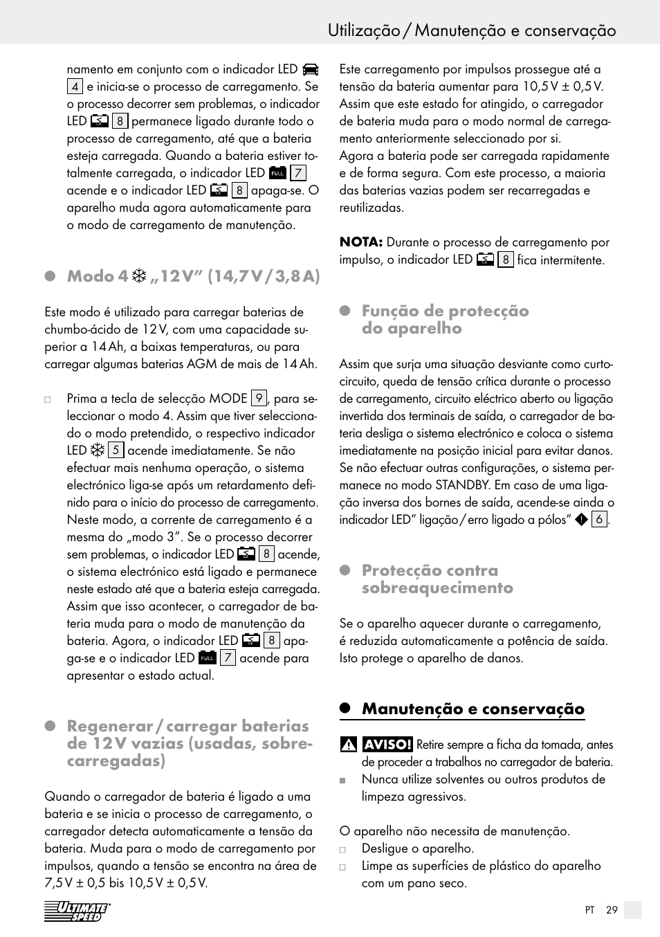 Utilização, Utilização / manutenção e conservação, Função de protecção do aparelho | Protecção contra sobreaquecimento, Manutenção e conservação | Ultimate Speed ULG 3.8 A1 User Manual | Page 29 / 47