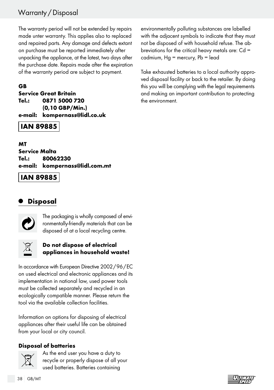 Inhaltsverzeichnis warranty / disposal, Disposal | Ultimate Speed ULG 3.8 A1 User Manual | Page 38 / 47