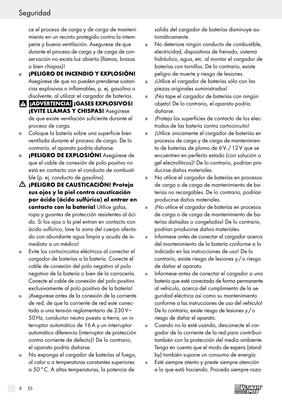 Seguridad / manejo seguridad | Ultimate Speed ULG 3.8 A1 User Manual | Page 8 / 47