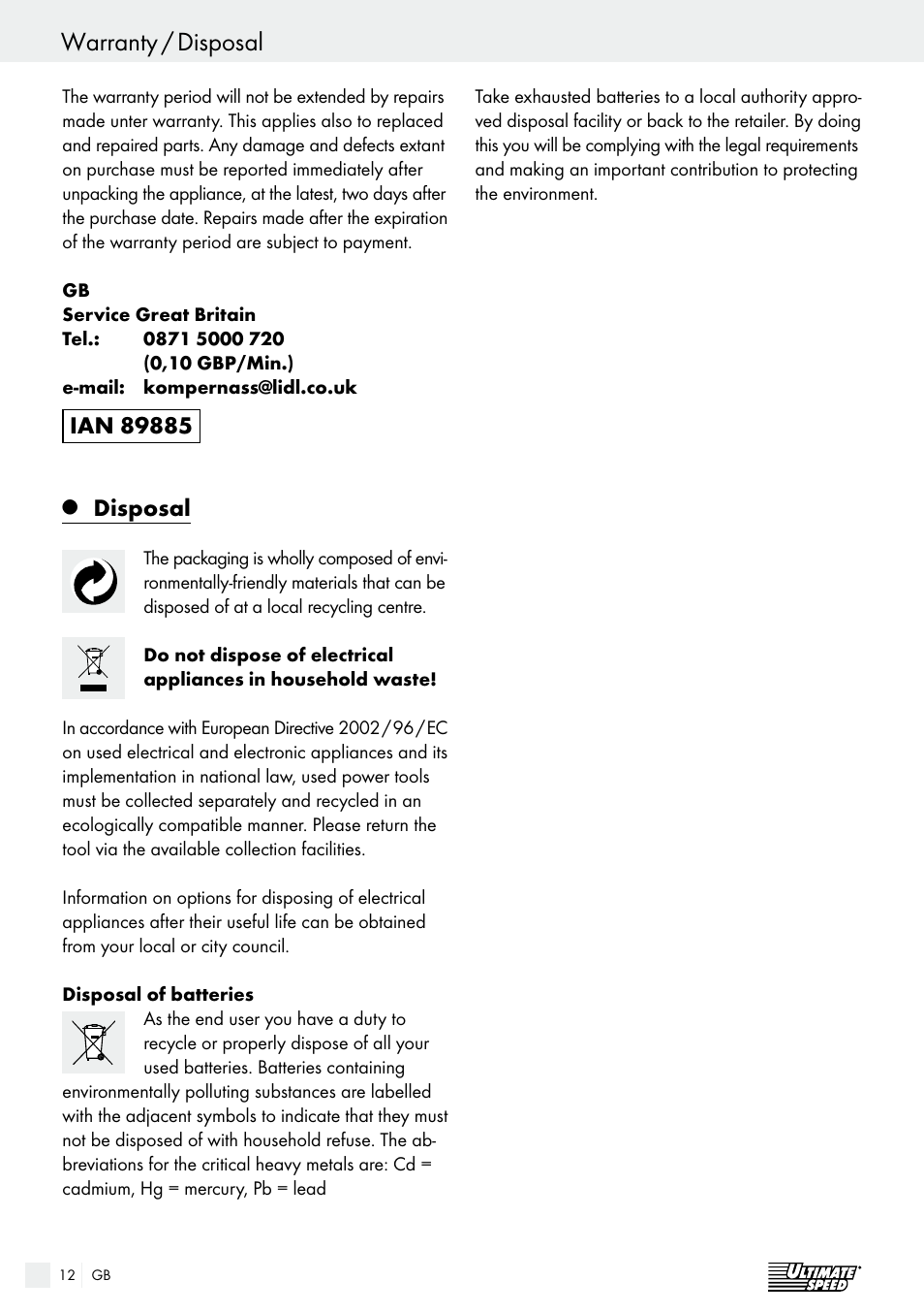 Warranty / disposal, Spis zawartości, Disposal | Ultimate Speed ULG 3.8 A1 User Manual | Page 12 / 65