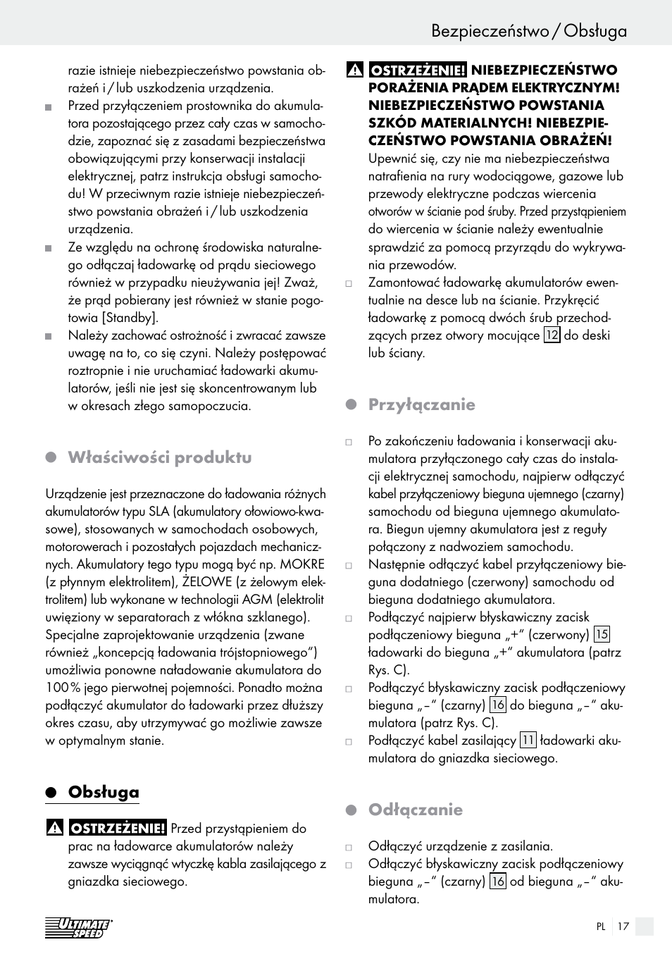 Bezpieczeństwo / obsługa bezpieczeństwo, Właściwości produktu, Obsługa | Przyłączanie, Odłączanie | Ultimate Speed ULG 3.8 A1 User Manual | Page 17 / 65