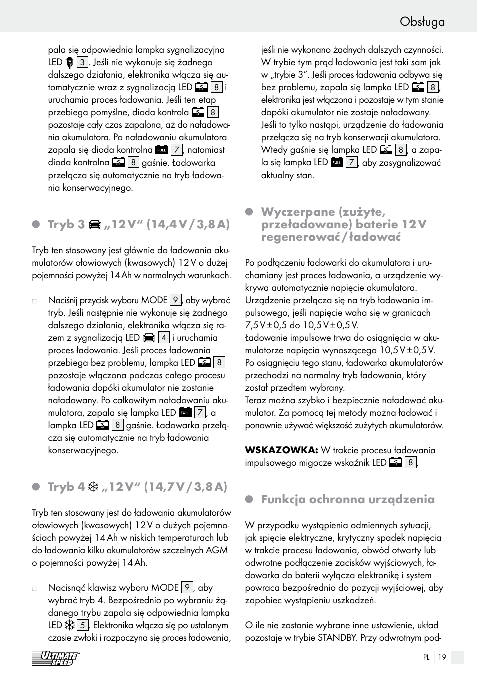 Obsługa, Tryb 3, Funkcja ochronna urządzenia | Ultimate Speed ULG 3.8 A1 User Manual | Page 19 / 65