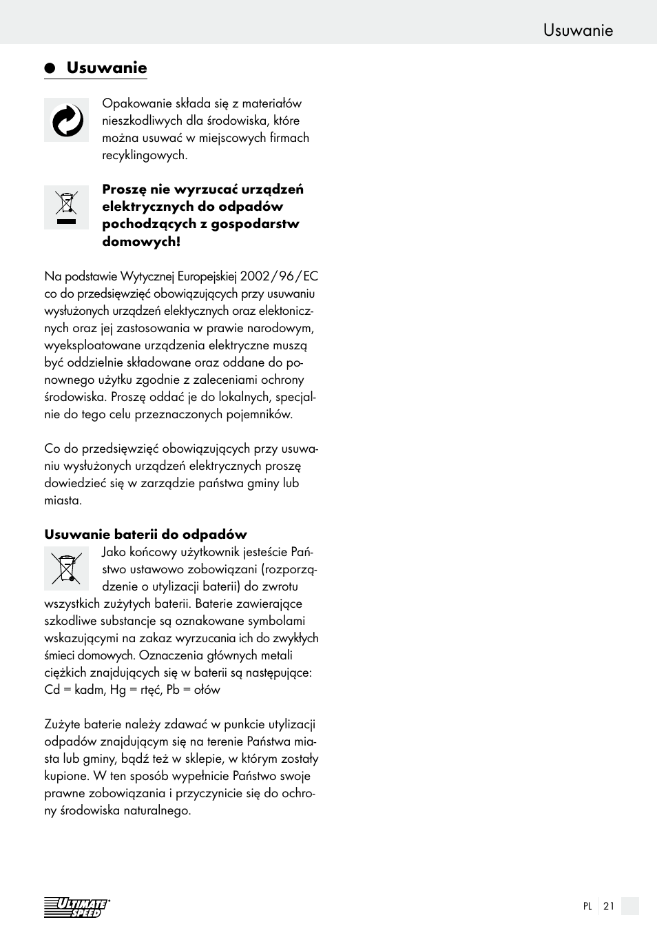 Usuwanie | Ultimate Speed ULG 3.8 A1 User Manual | Page 21 / 65