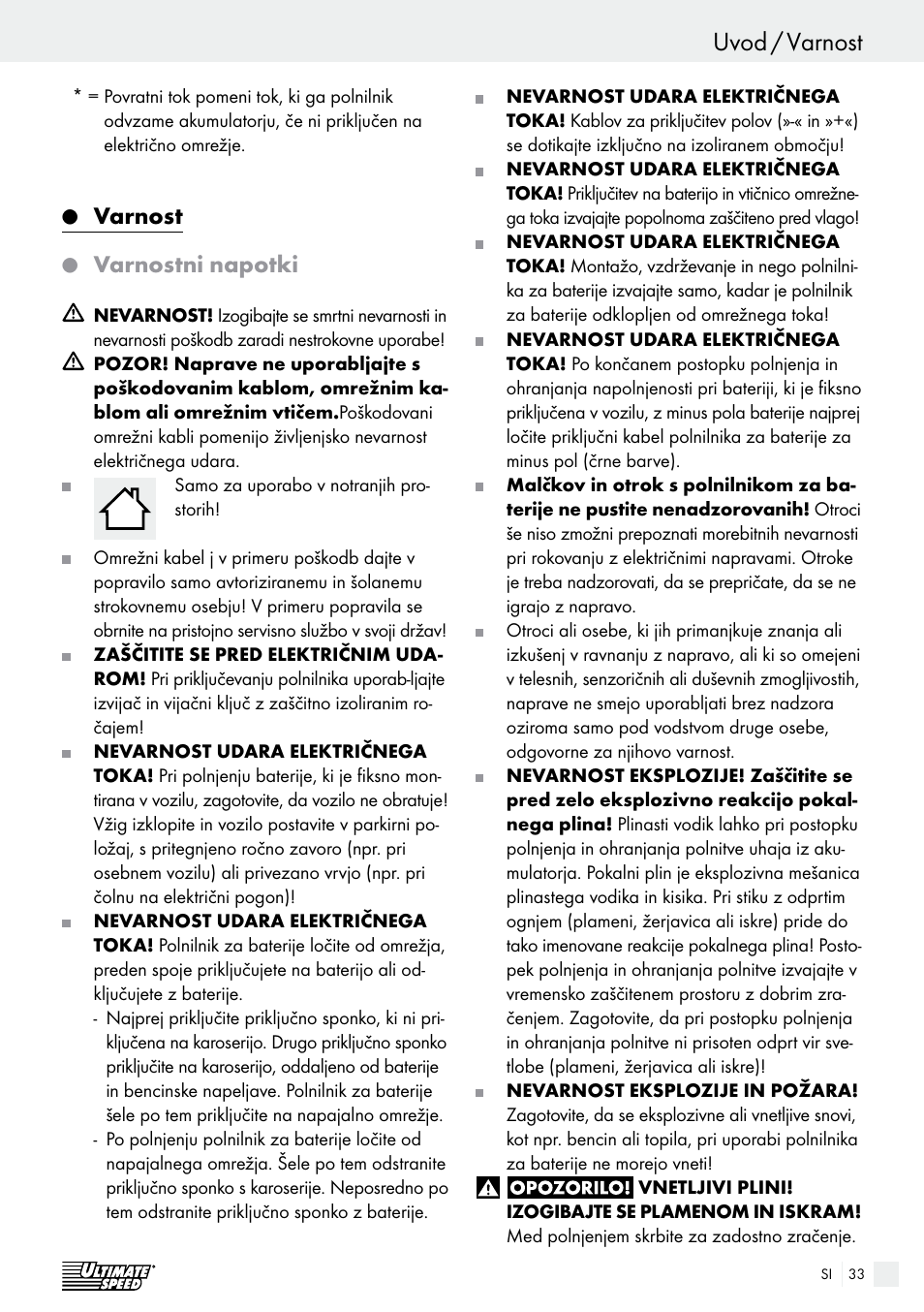 Uvod / varnost uvod, Varnost, Varnostni napotki | Ultimate Speed ULG 3.8 A1 User Manual | Page 33 / 65