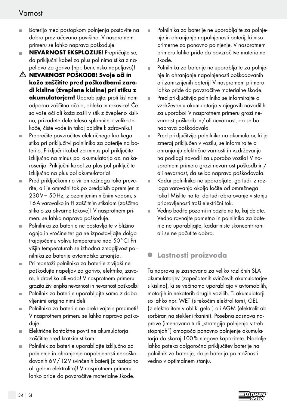 Uporaba varnost, Lastnosti proizvoda | Ultimate Speed ULG 3.8 A1 User Manual | Page 34 / 65
