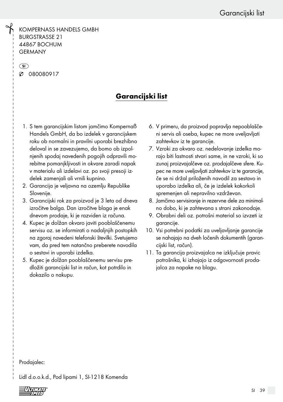 Garancijski list garancija / odstranitev, Garancijski list | Ultimate Speed ULG 3.8 A1 User Manual | Page 39 / 65