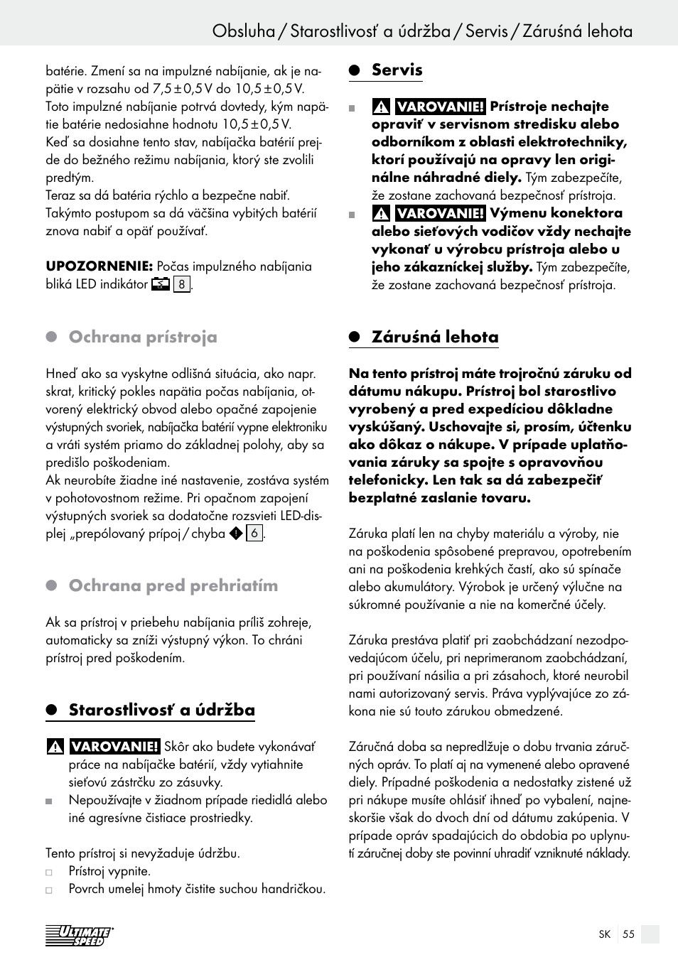 Ochrana prístroja, Ochrana pred prehriatím, Starostlivosť a údržba | Servis, Záruśná lehota | Ultimate Speed ULG 3.8 A1 User Manual | Page 55 / 65