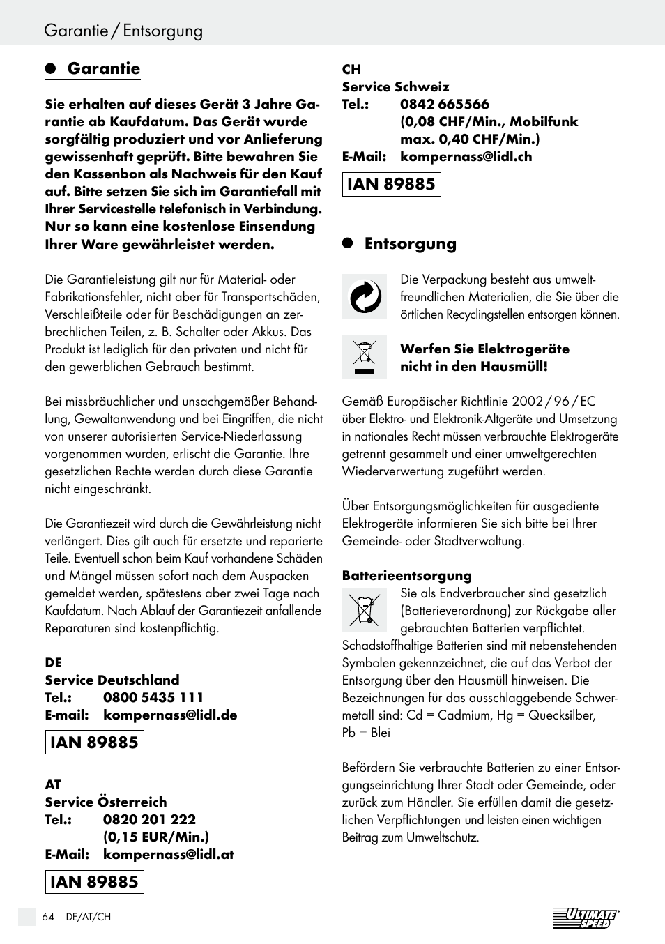 Garantie / entsorgung, Garantie, Entsorgung | Ultimate Speed ULG 3.8 A1 User Manual | Page 64 / 65