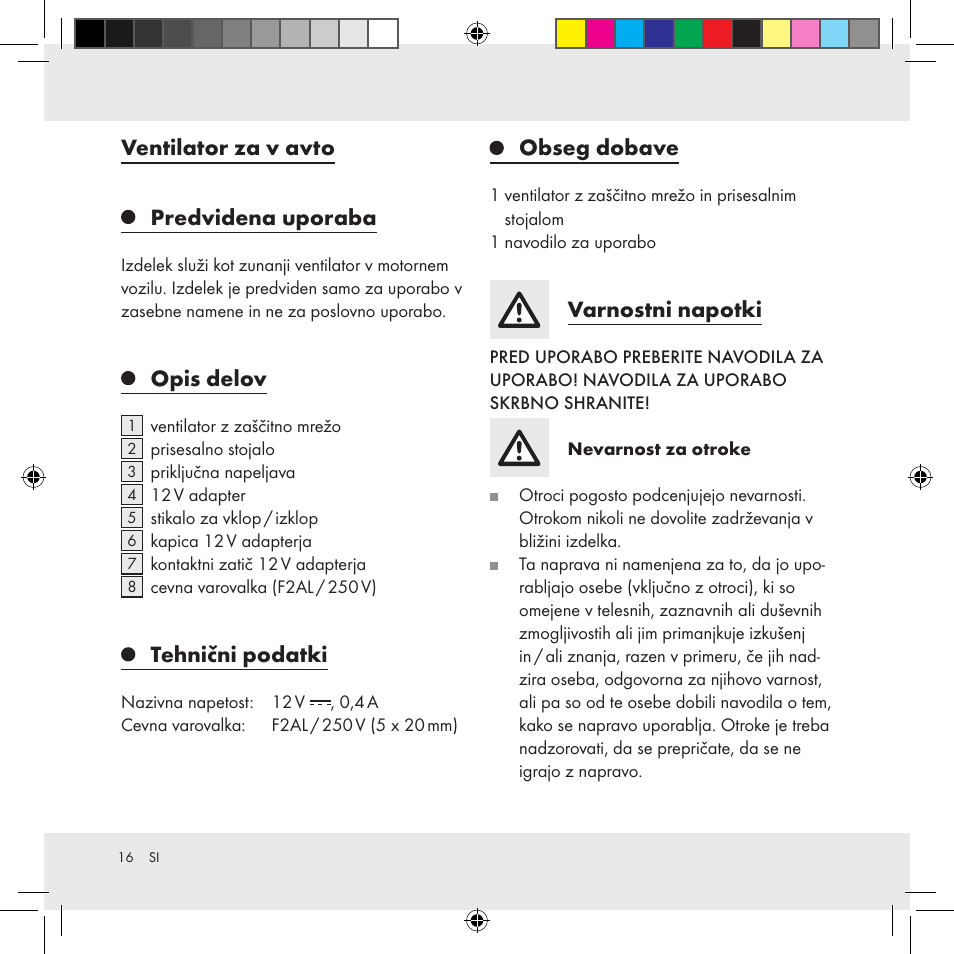 Ventilator za v avto predvidena uporaba, Opis delov, Tehnični podatki | Obseg dobave, Varnostni napotki | Ultimate Speed Z31391 User Manual | Page 16 / 34