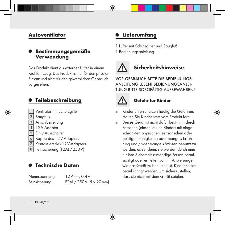 Autoventilator bestimmungsgemäße verwendung, Teilebeschreibung, Technische daten | Lieferumfang, Sicherheitshinweise | Ultimate Speed Z31391 User Manual | Page 30 / 34