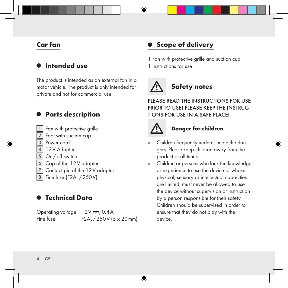 Car fan intended use, Parts description, Technical data | Scope of delivery | Ultimate Speed Z31391 User Manual | Page 4 / 34