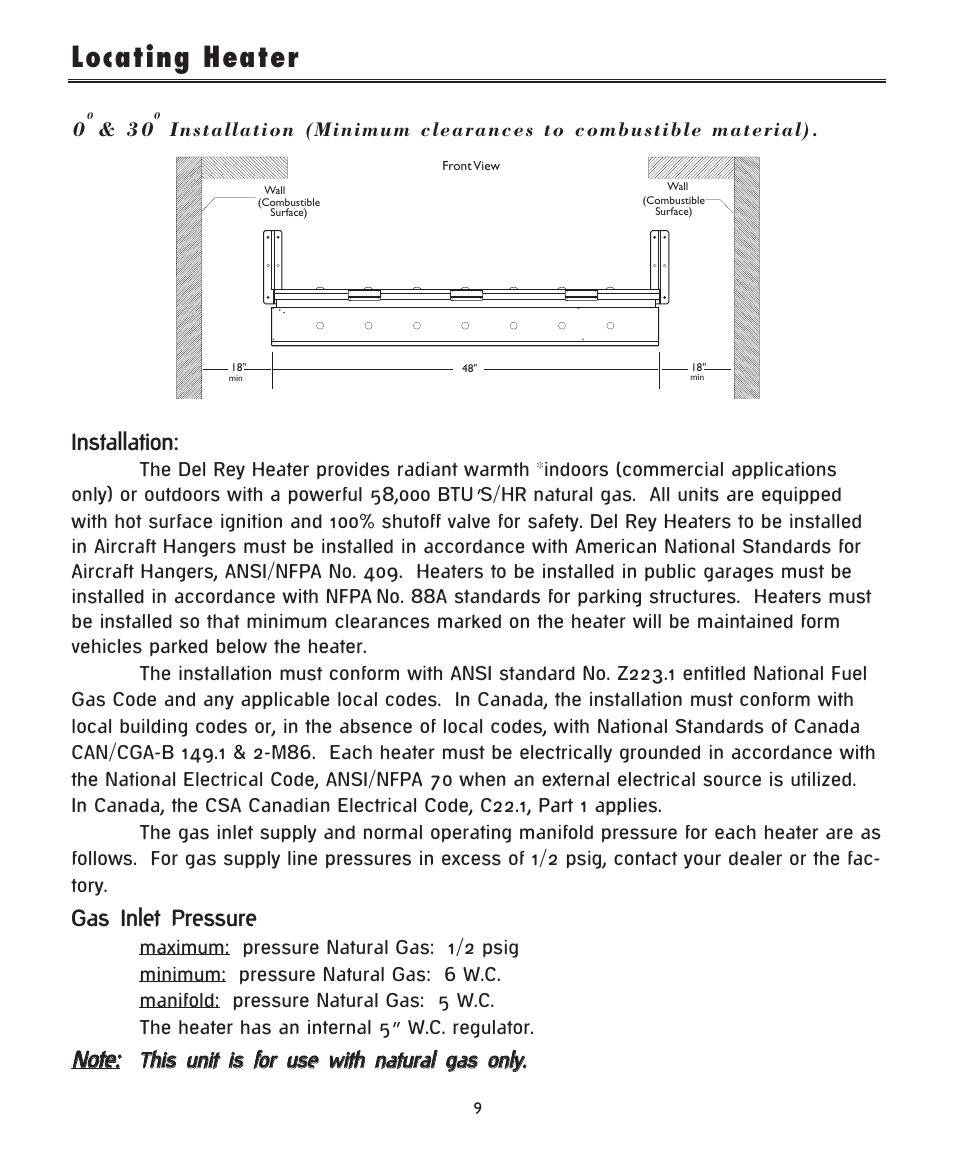 Locating heater, Nnoottee, Installation | Gas inlet pressure | DCS -DRH48N User Manual | Page 10 / 22