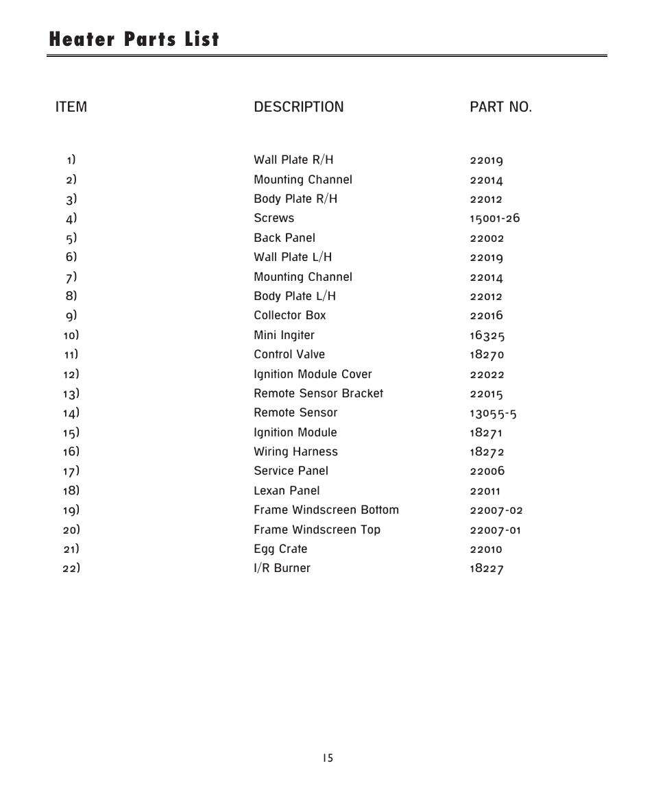 Heater parts list, Item description part no | DCS -DRH48N User Manual | Page 16 / 22