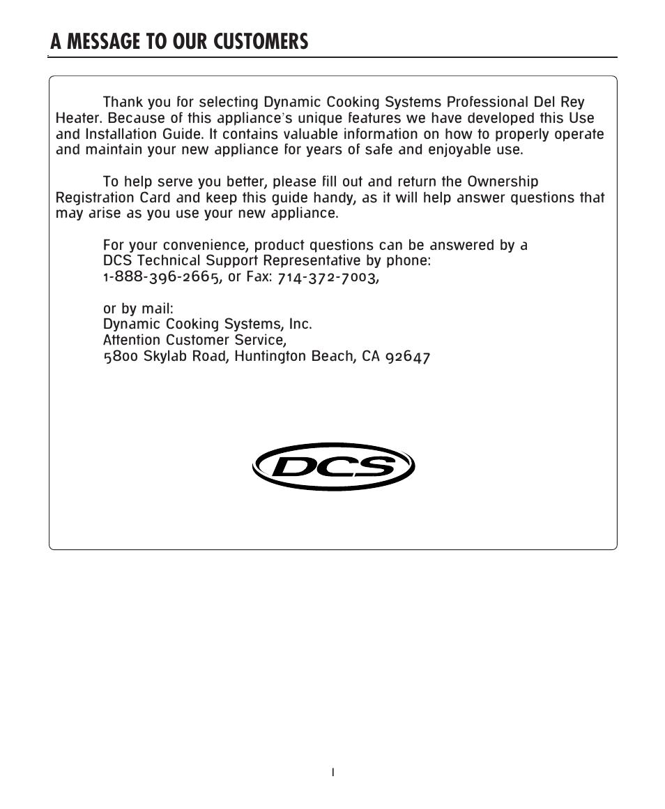 A message to our customers | DCS -DRH48N User Manual | Page 2 / 22