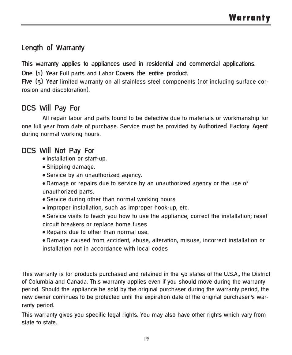 Warranty, Length of warranty, Dcs will pay for | Dcs will not pay for | DCS -DRH48N User Manual | Page 20 / 22