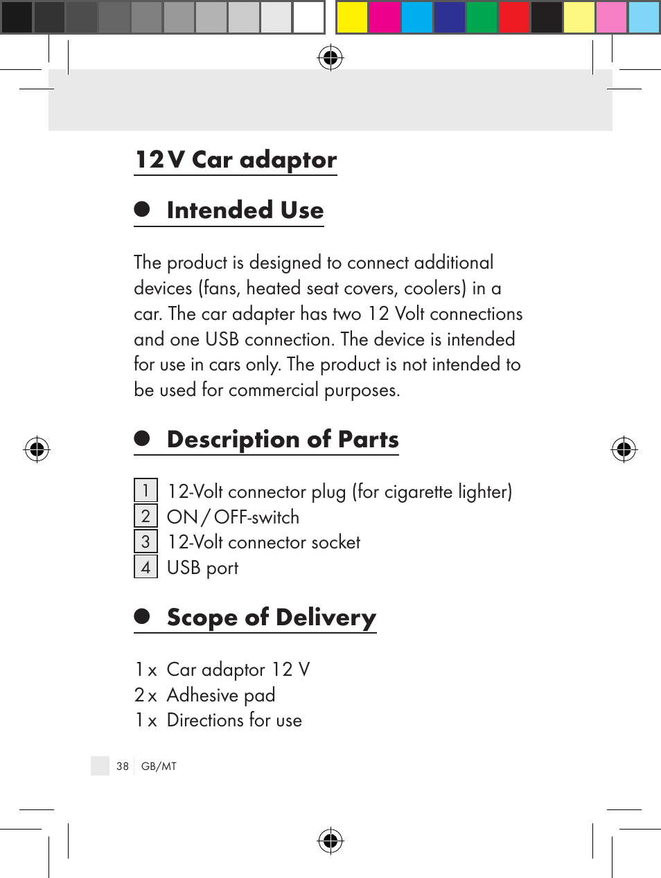 12 v car adaptor, Intended use, Description of parts | Scope of delivery | Ultimate Speed Z31381 User Manual | Page 38 / 58