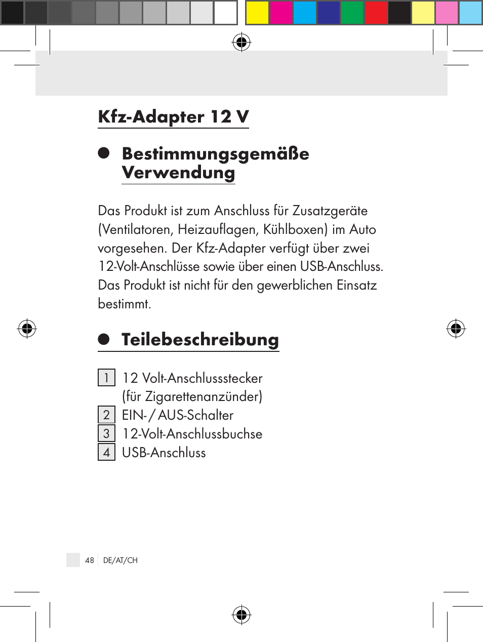 Kfz-adapter 12 v, Bestimmungsgemäße verwendung, Teilebeschreibung | Ultimate Speed Z31381 User Manual | Page 48 / 58