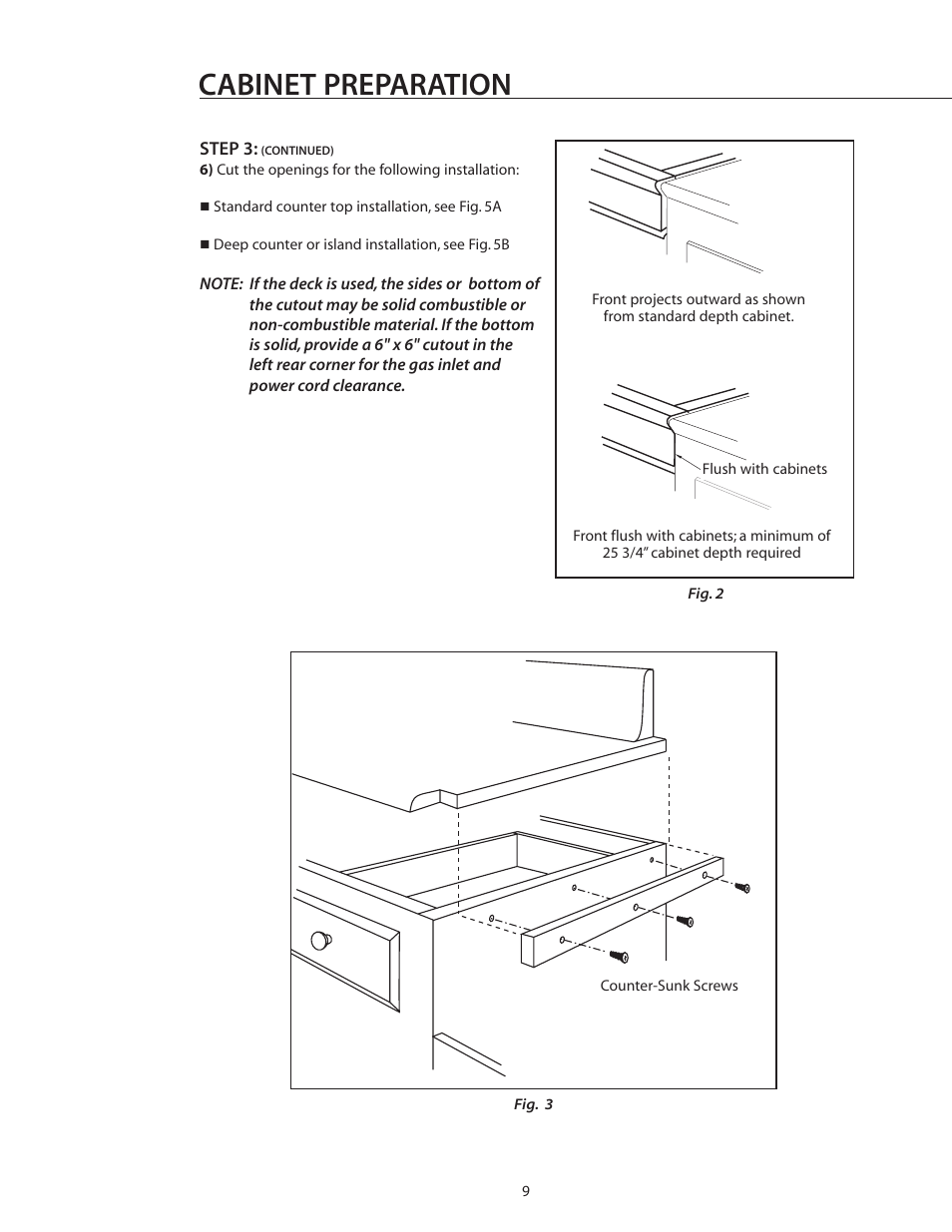 Cabinet preparation, Counter-sunk screws | DCS CS-364GL User Manual | Page 10 / 26