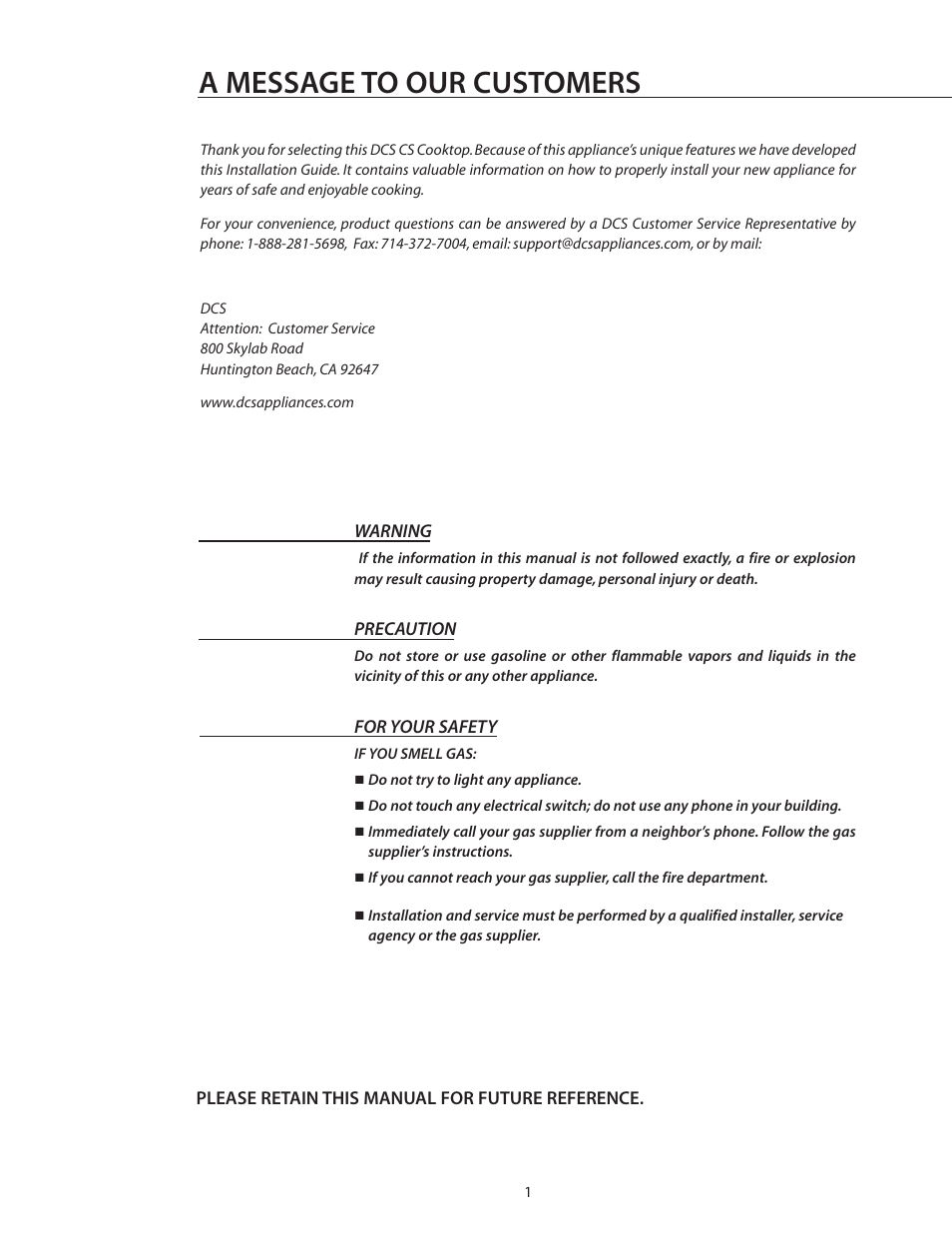 A message to our customers | DCS CS-364GL User Manual | Page 2 / 26