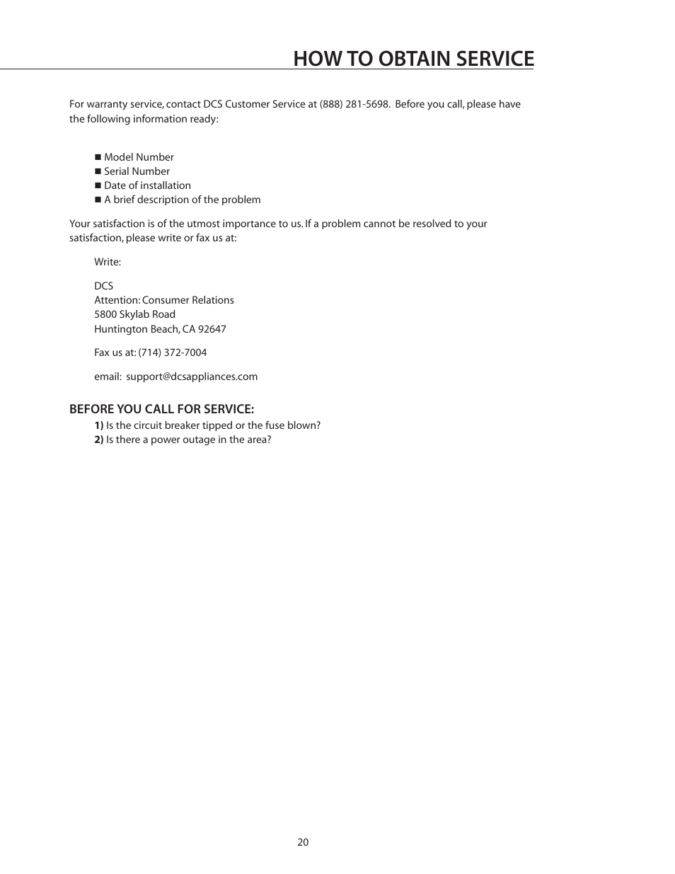 How to obtain service | DCS CS-364GL User Manual | Page 21 / 26