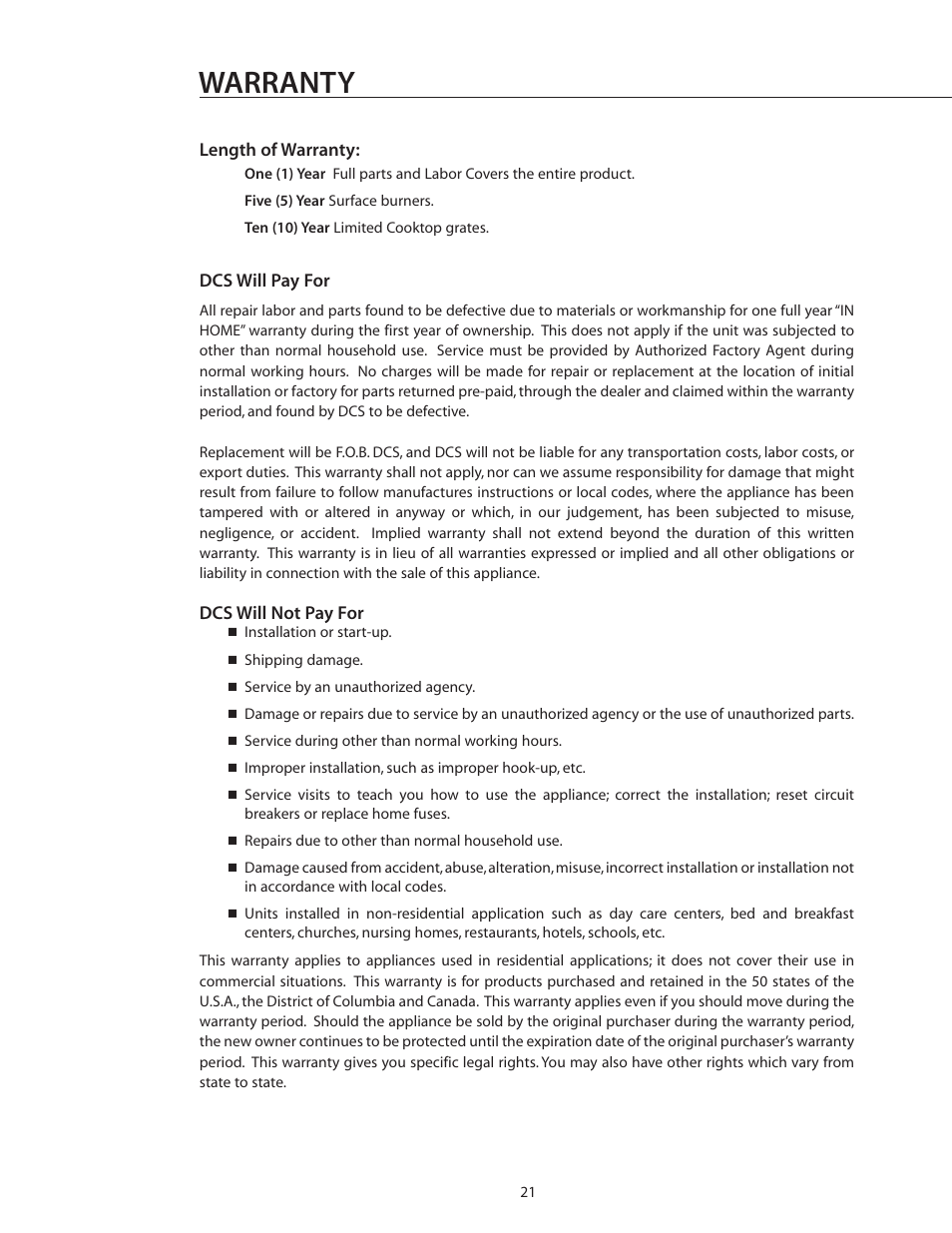 Warranty | DCS CS-364GL User Manual | Page 22 / 26