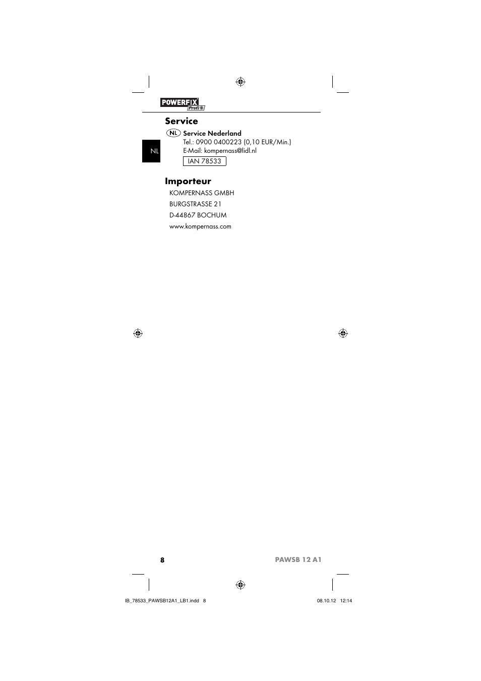 Service, Importeur | Ultimate Speed PAWSB 12 A1 User Manual | Page 10 / 15