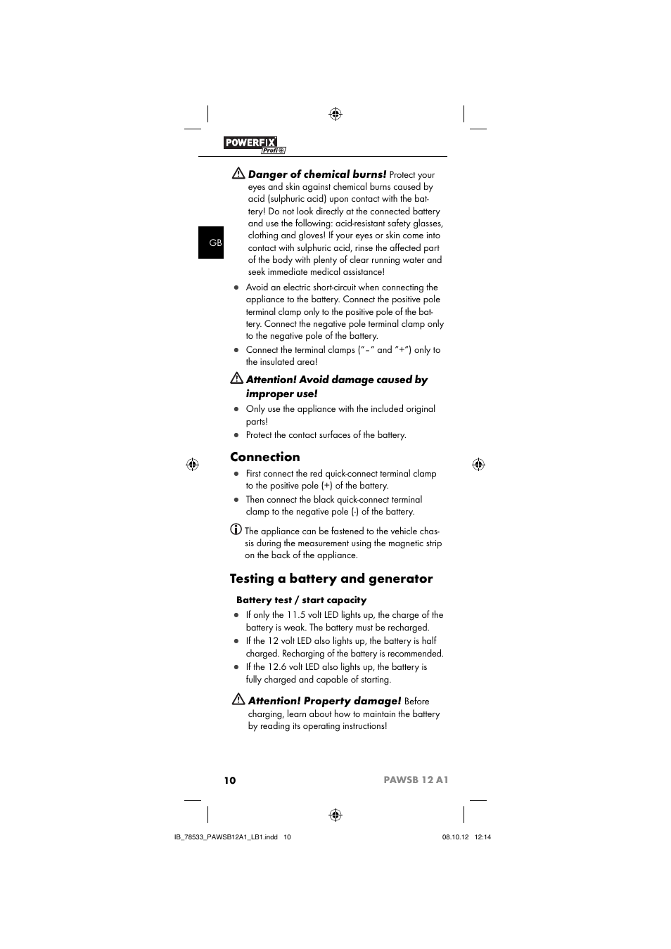 Connection, Testing a battery and generator | Ultimate Speed PAWSB 12 A1 User Manual | Page 12 / 15